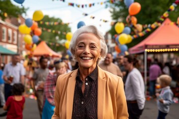 Obraz na płótnie Canvas Medium shot portrait photography of a pleased woman in her 60s that is wearing a classic blazer against a neighborhood block party with food and games background . Generative AI