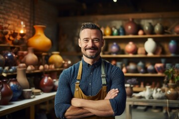 Portrait of smiling potter standing with arms crossed in pottery workshop