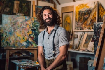 Portrait of a jovial 35 year old man in his painting studio, artist and painter, happy and smiling. Generative AI - obrazy, fototapety, plakaty