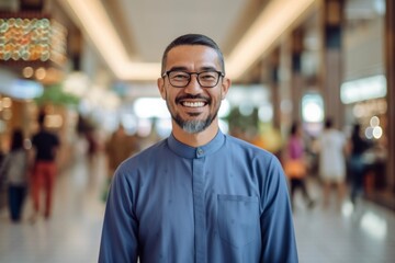 Fototapeta premium Portrait of happy mature Asian man with eyeglasses in shopping mall