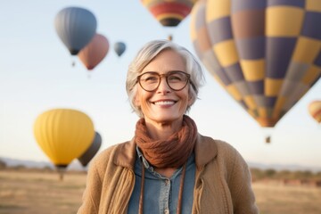 Portrait of smiling senior woman with eyeglasses against hot air balloons