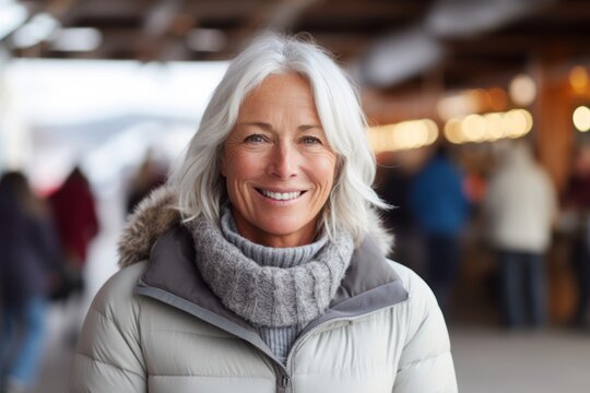 Medium shot portrait photography of a pleased woman in her 60s that is wearing a chic cardigan against an active ski resort with visitors enjoying the slopes background .  Generative AI