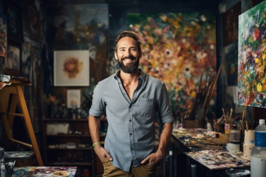Portrait of a jovial 35 year old man in his painting studio, artist and painter, happy and smiling. Generative AI
