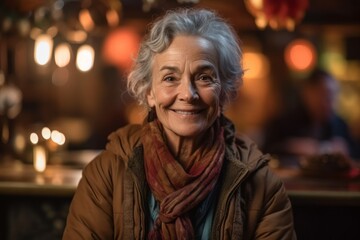 Obraz premium Portrait of smiling senior woman in cafe at night. Focus on woman