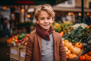 Fototapeta premium Cute little boy in coat and red scarf on autumn market.