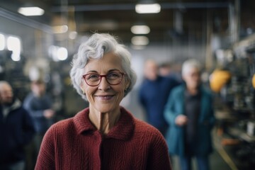 Portrait of senior woman with eyeglasses standing in industrial factory