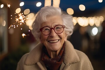 Medium shot portrait photography of a pleased woman in her 90s that is wearing a cozy sweater against a celebratory new year's eve party with fireworks background .  Generative AI