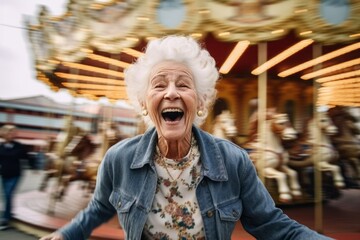 Medium shot portrait photography of a pleased woman in her 90s that is wearing a denim jacket against an old-fashioned carousel in motion at a city square background .  Generative AI