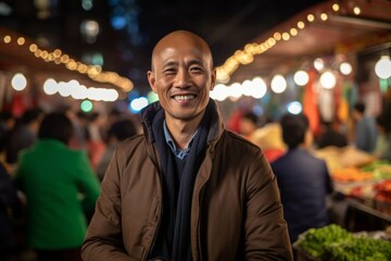 Fototapeta premium Medium shot portrait photography of a grinning man in his 40s that is wearing a chic cardigan against a lively night market with street food vendors background . Generative AI