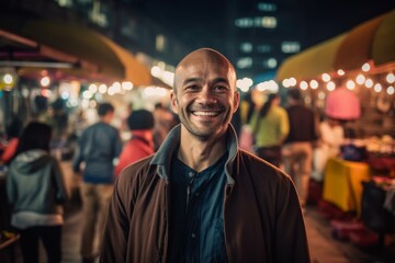Fototapeta premium Medium shot portrait photography of a grinning man in his 40s that is wearing a chic cardigan against a lively night market with street food vendors background . Generative AI