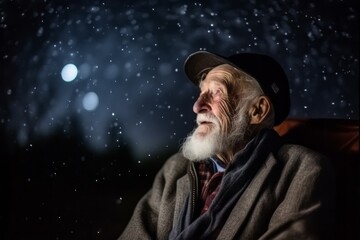 Portrait of an old man with a white beard on a background of a night city.