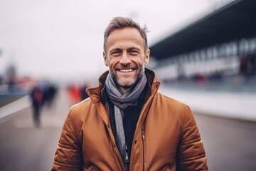 Medium shot portrait photography of a grinning man in his 40s that is wearing a chic cardigan against a motorsport racetrack during a high-speed race background .  Generative AI