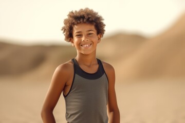 Medium shot portrait photography of a pleased child male that is wearing a sporty tank top against a sand dune background .  Generative AI