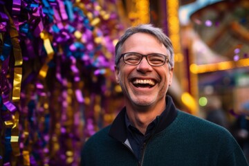 Obraz premium Medium shot portrait photography of a grinning man in his 40s that is wearing a chic cardigan against a vibrant and lively mardi gras celebration background . Generative AI