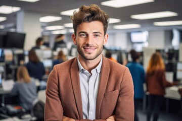 Obraz premium Portrait of smiling young businessman standing with arms crossed in modern office