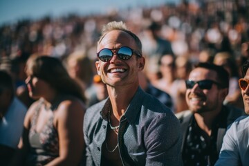 Obraz premium Medium shot portrait photography of a grinning man in his 40s that is wearing a chic cardigan against an awe-inspiring solar eclipse event with spectators background . Generative AI