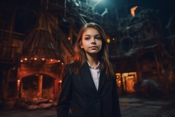 Portrait of a beautiful girl in a black suit on the background of an abandoned factory.