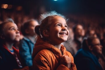 Medium shot portrait photography of a satisfied child female that is wearing a comfortable tracksuit against a crowded concert hall during a live performance background .  Generative AI