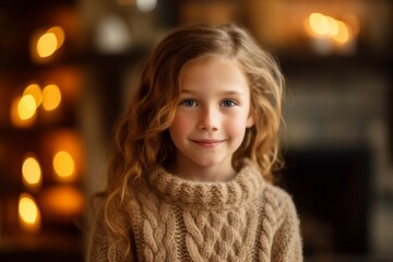 smiling little girl in sweater at christmas at home, winter holidays