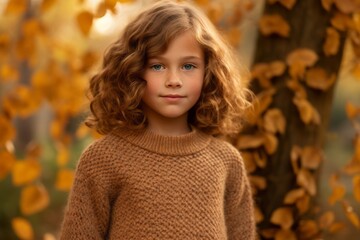 Fototapeta premium Portrait of a beautiful little girl with curly hair in autumn park