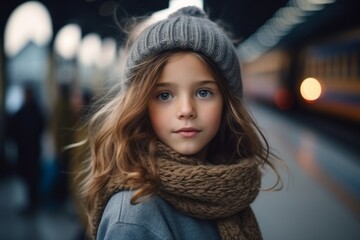portrait of a little girl in a hat and scarf on the background of the train station