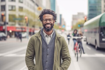 Fototapeta premium Portrait of handsome young man with curly hair in the city streets