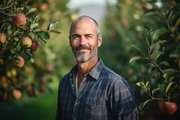 Medium shot portrait photography of a grinning man in his 40s that is wearing a trendy jumpsuit against a sunlit apple orchard with ripe apples on trees background .  Generative AI