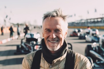 Portrait of a smiling middle-aged man standing in front of a racing car