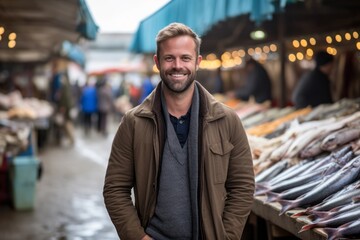Medium shot portrait photography of a pleased man in his 30s that is wearing a chic cardigan against a bustling fish market with vendors selling their catch background .  Generative AI