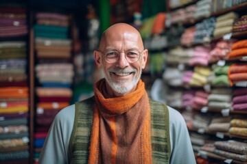 Fototapeta na wymiar Medium shot portrait photography of a grinning man in his 50s that is wearing a chic cardigan against a bustling trader's market with colorful fabrics and spices background . Generative AI