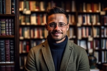 Fototapeta premium Medium shot portrait photography of a pleased man in his 30s that is wearing a chic cardigan against a cozy bookstore filled with books and readers background . Generative AI