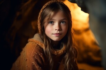 Portrait of a beautiful little girl in an underground cave. The girl is dressed in a warm sweater.