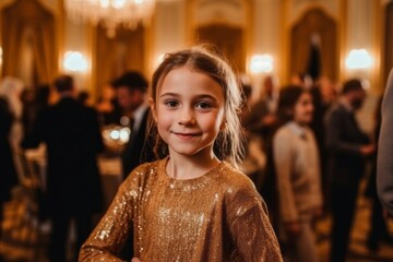 Fototapeta premium Portrait of a cute little girl in a golden dress in the church.