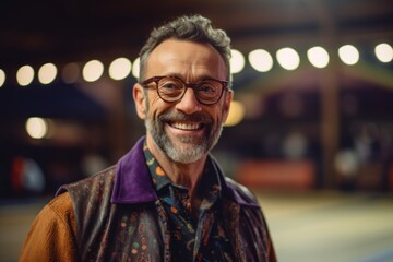 Fototapeta premium Portrait of senior man with eyeglasses smiling at camera while standing in cafe