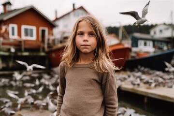 Medium shot portrait photography of a satisfied child female that is wearing a trendy jumpsuit against a picturesque fishing village with boats and seagulls background .  Generative AI