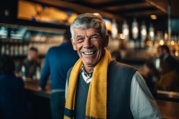 Fototapeta premium Portrait of senior man smiling at the bar counter in a pub