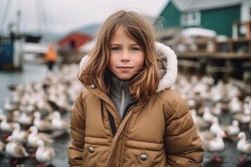 Fototapeta premium Portrait of a little girl on the background of ducks in the port