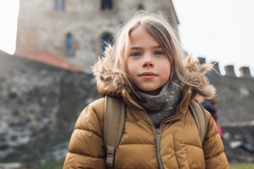 Portrait of a little girl on the background of the medieval castle