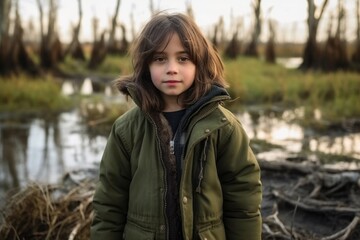 Obraz na płótnie Canvas Medium shot portrait photography of a satisfied child female that is wearing a warm parka against a swampy or bayou background . Generative AI