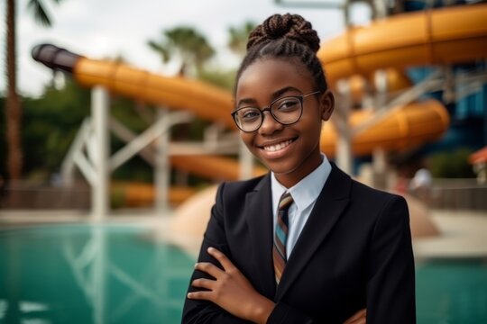 Medium shot portrait photography of a satisfied child female that is wearing a sleek suit against a fun-filled water park with slides and pools background .  Generative AI