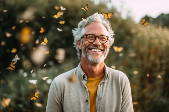 Medium shot portrait photography of a grinning man in his 50s that is wearing a chic cardigan against a picturesque sunflower field with bees and butterflies background .  Generative AI
