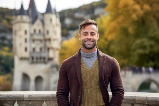 Medium shot portrait photography of a pleased man in his 30s that is wearing a chic cardigan against a historic castle with knights and nobility background .  Generative AI