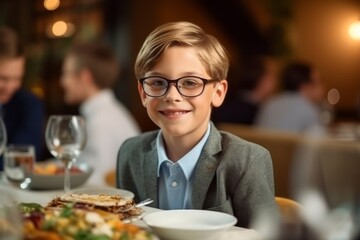 happy little boy with glasses having dinner in cafe at dinner party or restaurant