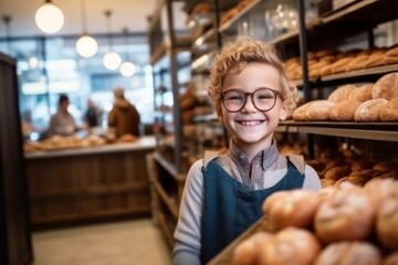 Medium shot portrait photography of a satisfied child male that is wearing a chic cardigan against a busy bakery with freshly baked goods and bakers at work background .  Generative AI