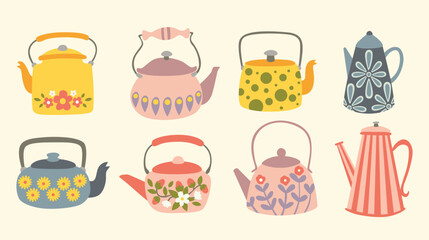 Colored teapot and kettle cartoon illustration set. Ceramic tea kettle and glass for boiling water, household cutlery for home tea ceremony.