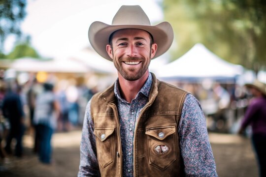 Medium shot portrait photography of a pleased man in his 30s that is wearing a chic cardigan against a rodeo event with cowboys and horses background .  Generative AI