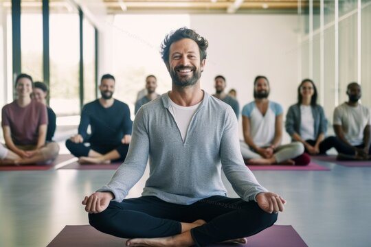 Medium shot portrait photography of a pleased man in his 30s that is wearing a chic cardigan against a serene yoga class setting with participants practicing background .  Generative AI