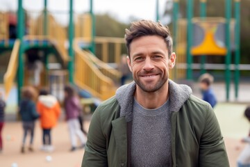 Medium shot portrait photography of a pleased man in his 30s that is wearing a chic cardigan against an active playground with children playing background .  Generative AI