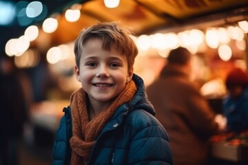 Obraz premium Portrait of a smiling boy at Christmas market in Paris, France