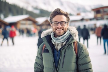 Medium shot portrait photography of a pleased man in his 30s that is wearing a chic cardigan against an active ski resort with visitors enjoying the slopes background .  Generative AI